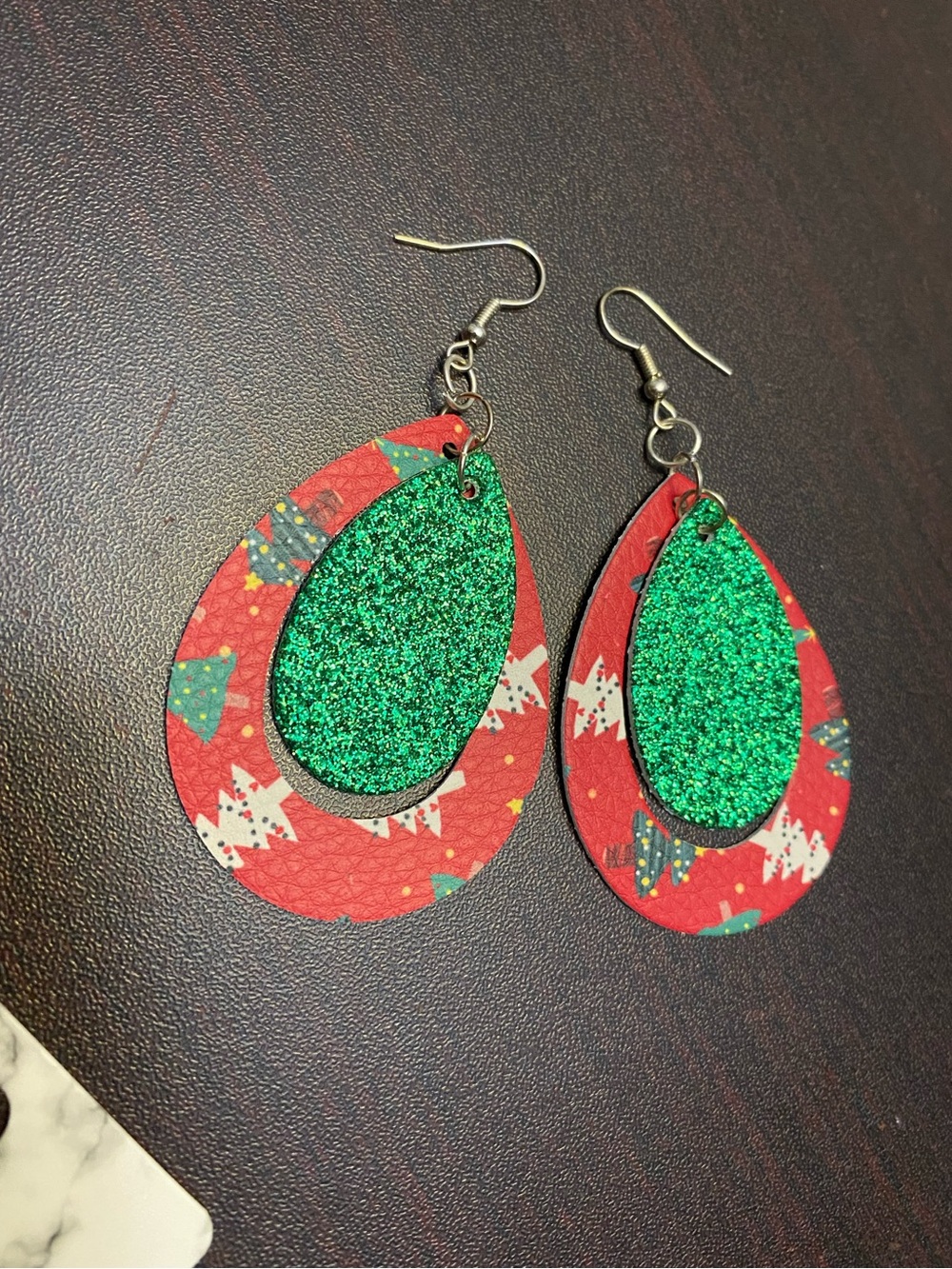 Green Glitter & Red Teardrop Holiday Earrings